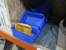 Assorted Barton plastic storage tote bins, wall mountable rack. Located at main schoolPlease note: