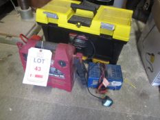 2 x various battery chargers, tool box with contents including bulbs, tyre gauge, etc. Located at