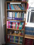 Wood effect 5 shelf bookcase, mobile 16 tray storage unit. Located at main schoolPlease note: This