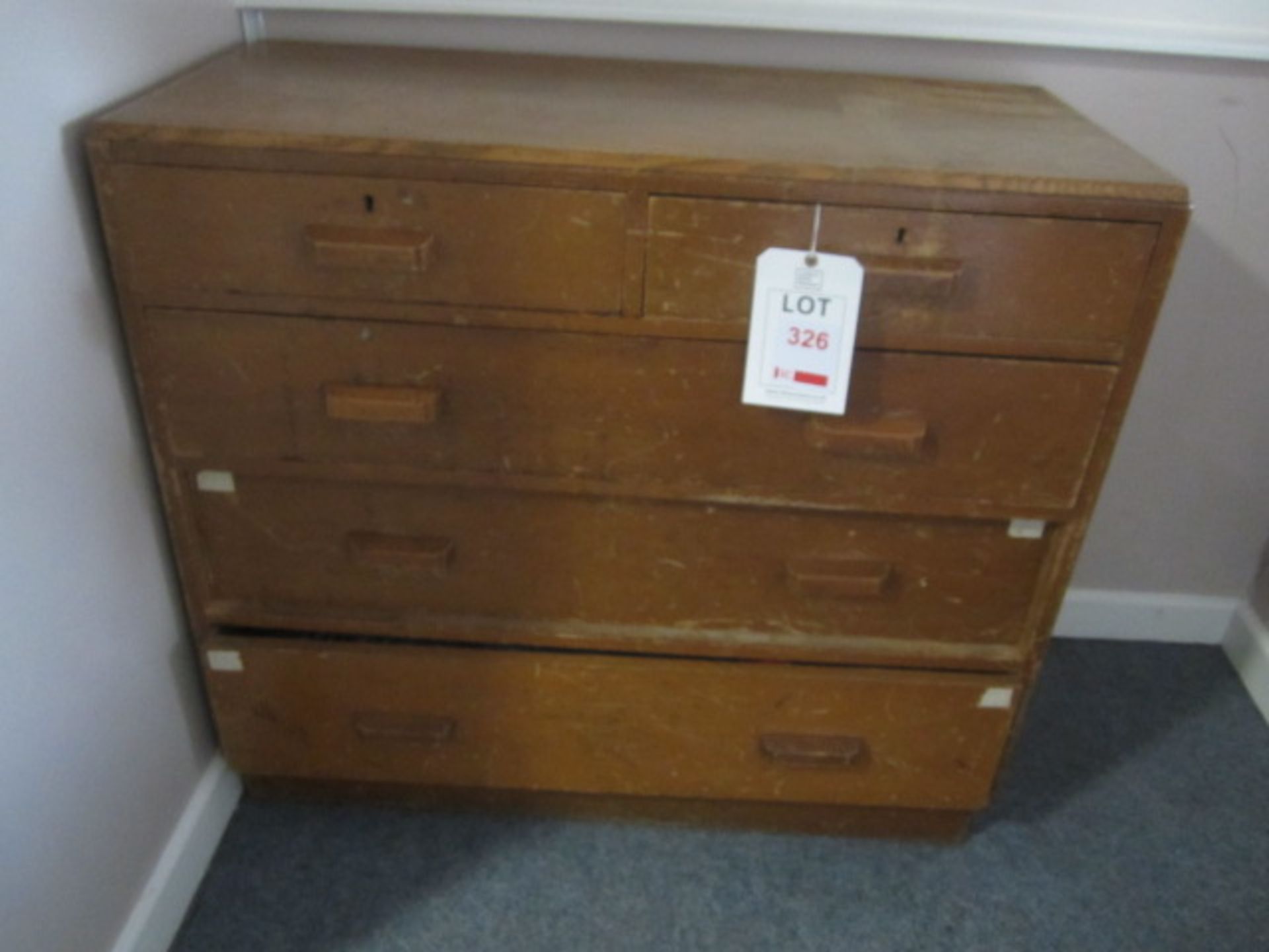 Wood 3 + 2 plans chest. Located at main schoolPlease note: This lot, for VAT purposes, is sold under