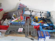 Miscellaneous lot including mitre saw, hand drill, drill bits, number stamp, circle cutters, screws,