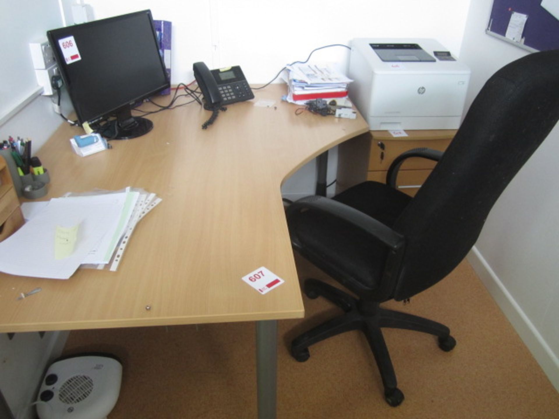 Lightwood effect corner workstation, 3 drawer pedestal, upholstered chair. Located at 6th form