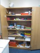 Wood effect cupboard with contents to include teaching aids, compasses, storage trays, straws,