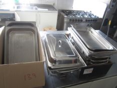 Quantity of assorted Bain Maries trays, lids and warmer. Located at main school. Please note: This