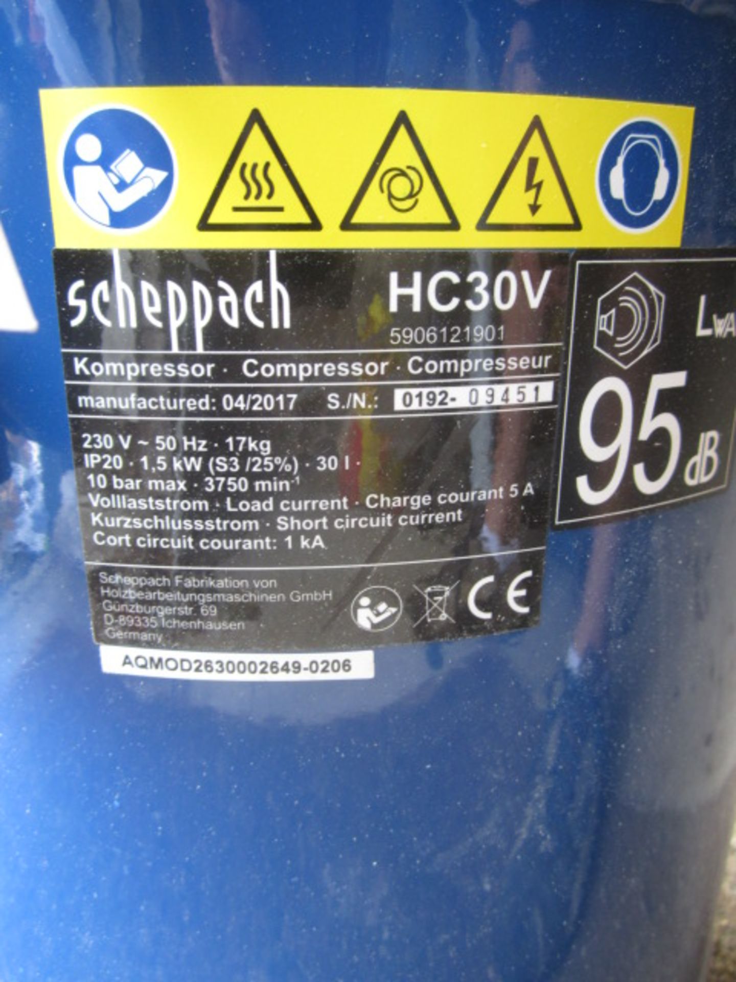 Scheppach 2.0hp compressor, model HC30V, s/n: 0192-09451, 30Litre (2017). Located at main - Image 2 of 3