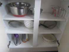 Contents of cupboards and drawers including saucepans, frying pans, mixing bowls, culenders, glass