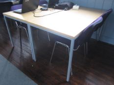 2 x metal frame lightwood effect tables with 4 x upholstered chairs. Located at 6th form