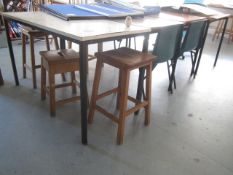 9 x assorted tables, 6 x stools, 3 x plastic chairs, leatherette chair. Located at Church FarmPlease