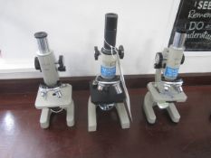 3 x assorted microscopes. Located at main schoolPlease note: This lot, for VAT purposes, is sold