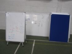 2 x assorted wipe boards, upholstered folding notice board screens. Located at main schoolPlease