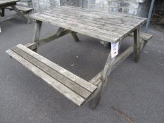 Timber slatted picnic table and bench seating. Located at Church FarmPlease note: This lot, for