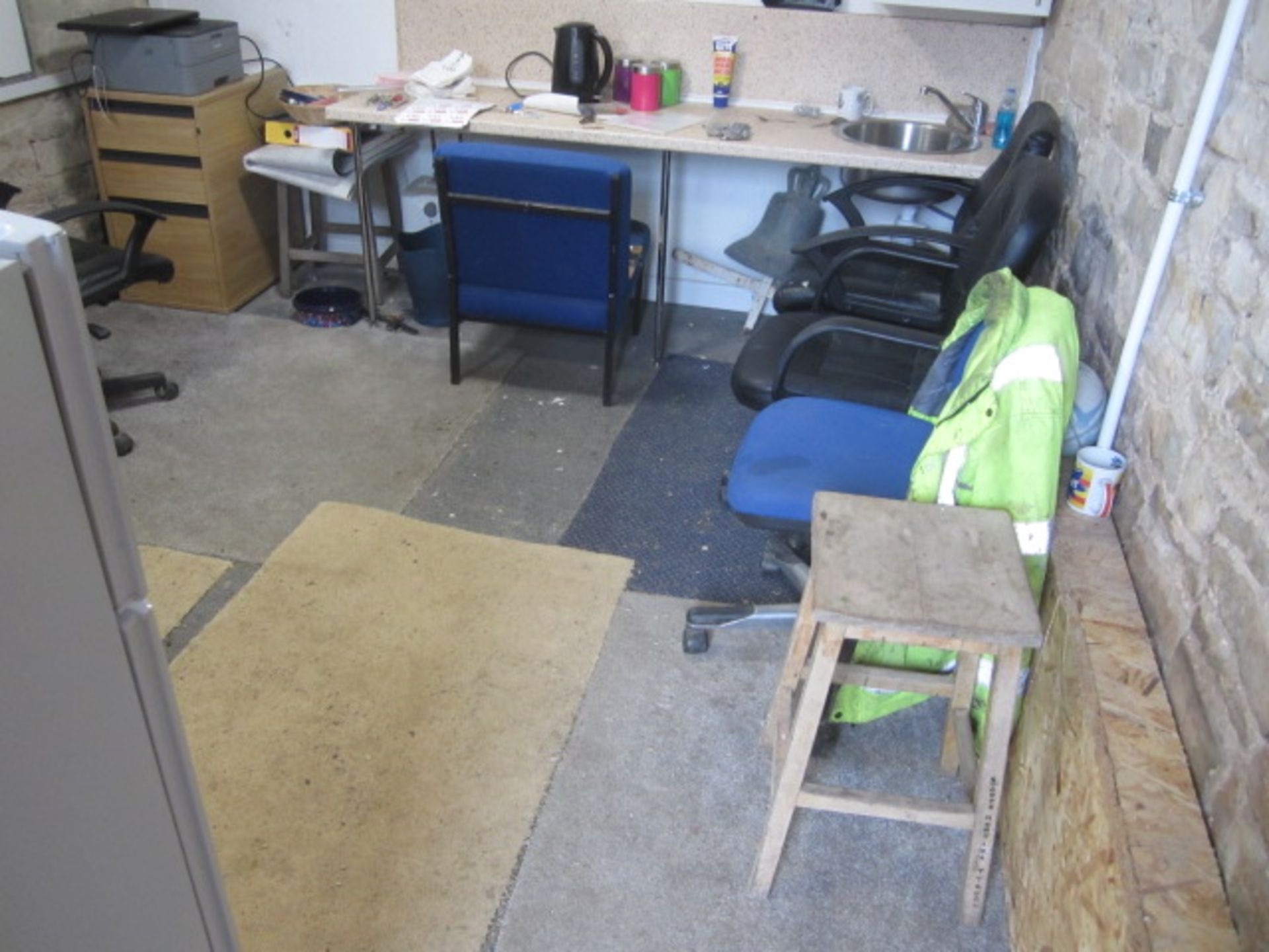 Remaining loose contents of office including 6 x assorted chairs, 3/4 height fridge freezer,