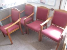 4 x wood effect framed upholstered chairs, 3 x armed/ 1 x no arms. Located at main school