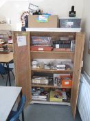 2 x wood effect cupboards with contents including pens, pencils, chalks, crayons, colour markers,