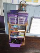 Lightwood effect storage unit and half height storage unit with contents including headsets,