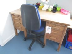 Wood effect double pedestal desk, 2 door storage cupboard, upholstered chair. Located at main