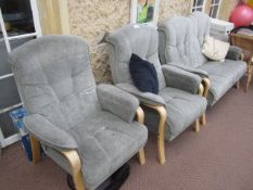 Lightwood effect framed 2 seater settee with 2 x arm chairs. Located at main school