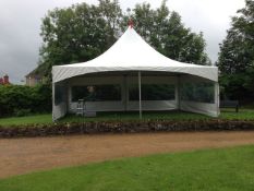 Tentnology 20ft square marquee canopy with 2 walls, 2 windows, poles, stakes and box of fittings.