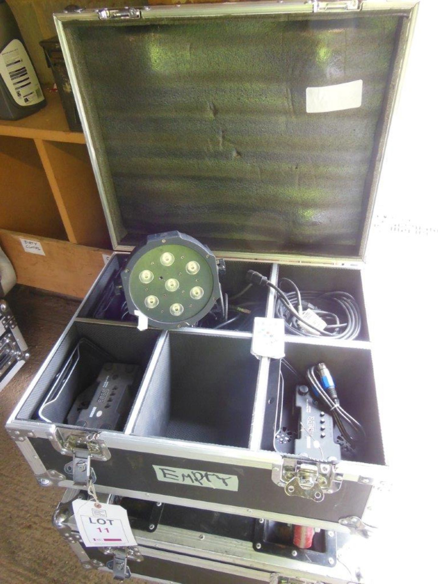 2 Wheeled Flight Cases each containing 4 Visage Flat Back P56 RJBW LED lights complete with cables