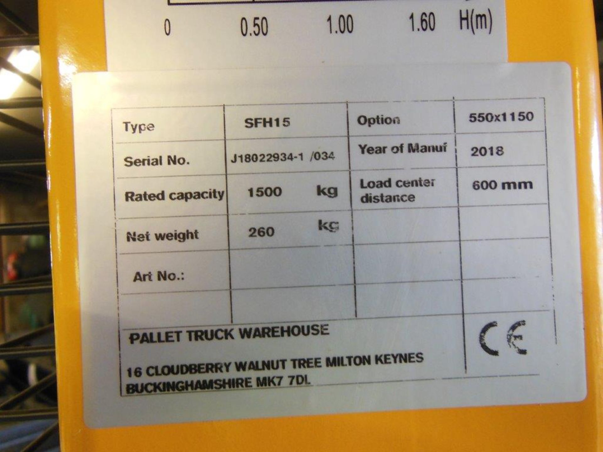 Pallet Truck Warehouse SFH15 manual hydraulic pallet stacker, serial no: J18022934-1/034 (2018) 1, - Image 3 of 3