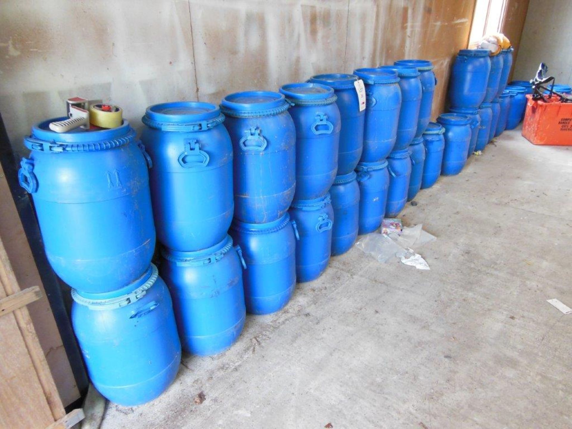 Quantity of blue barrels and welded steel fixings plates for erecting marquees on hard standing - Image 2 of 3
