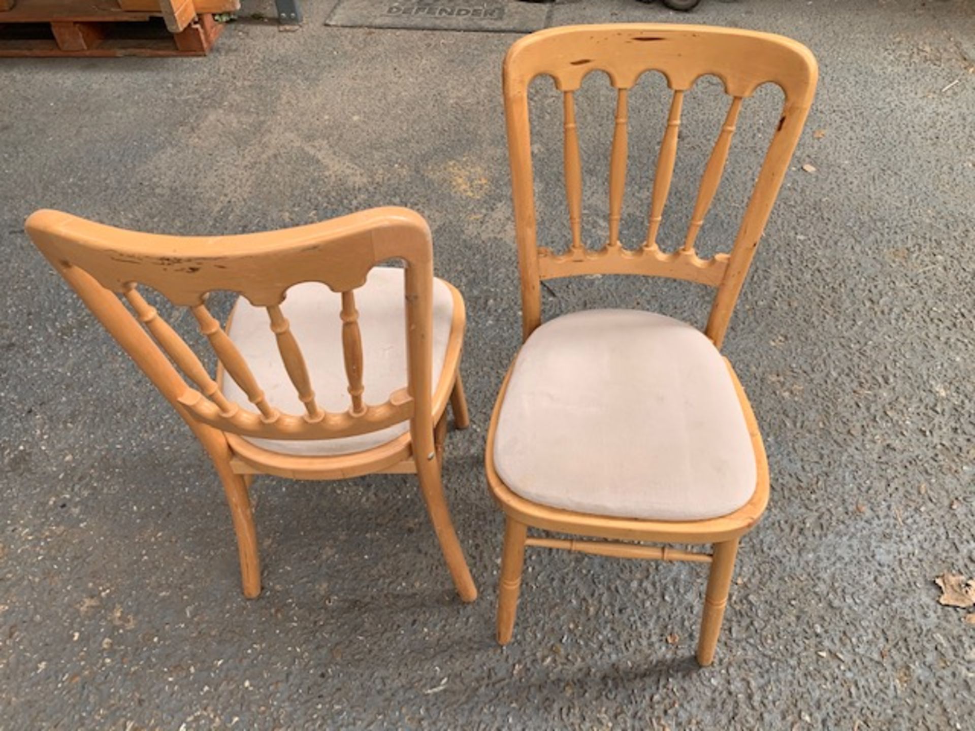 Thirty Five wooden framed dinning chairs with Velcro fitted cloth cushions