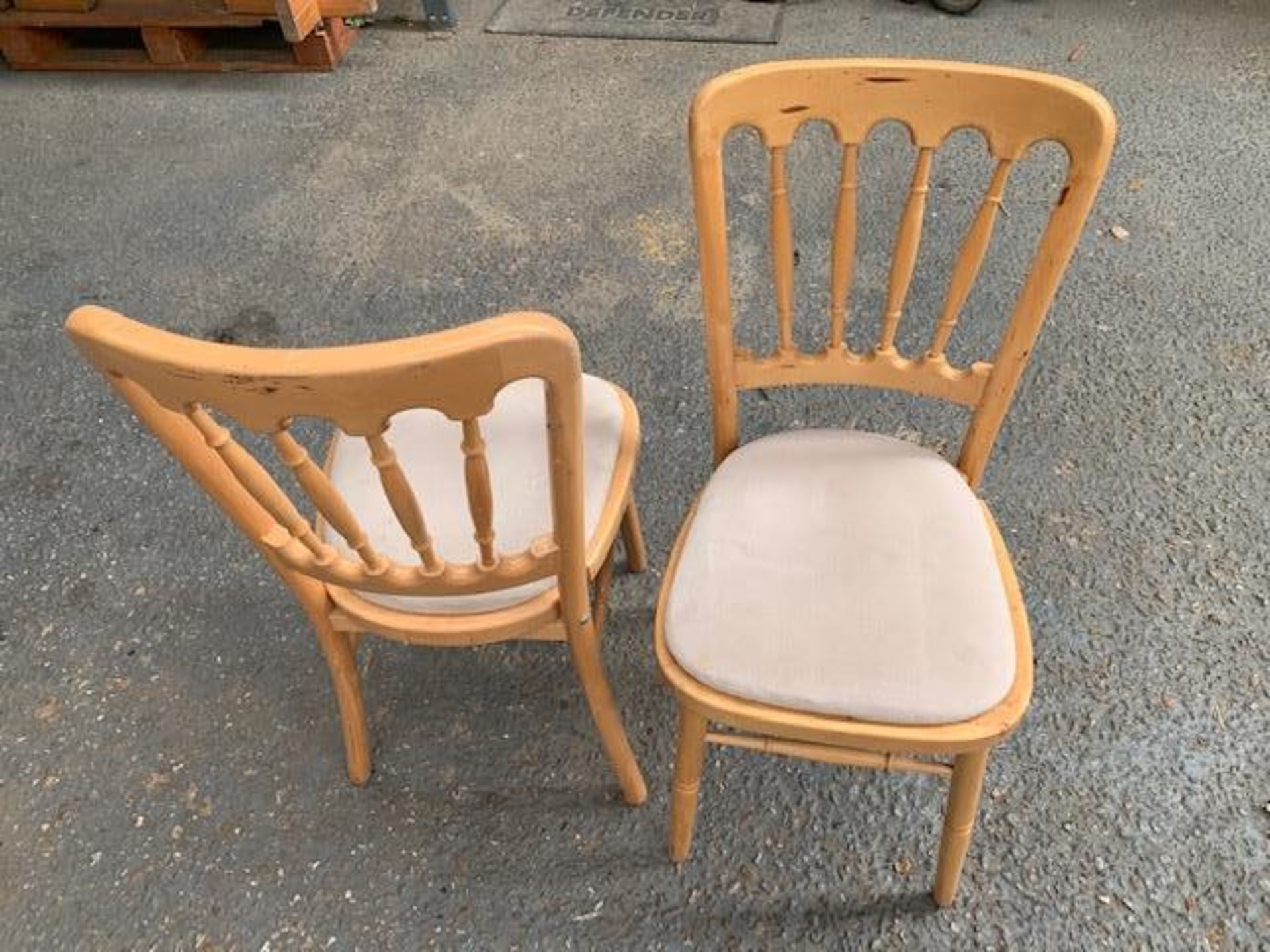 Twenty Eight wooden framed dinning chairs with Velcro fitted cloth cushions