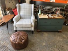 Cloth Arm Chair in checked cloth, leatherette pouf, sapele coffee table, chest of drawers &