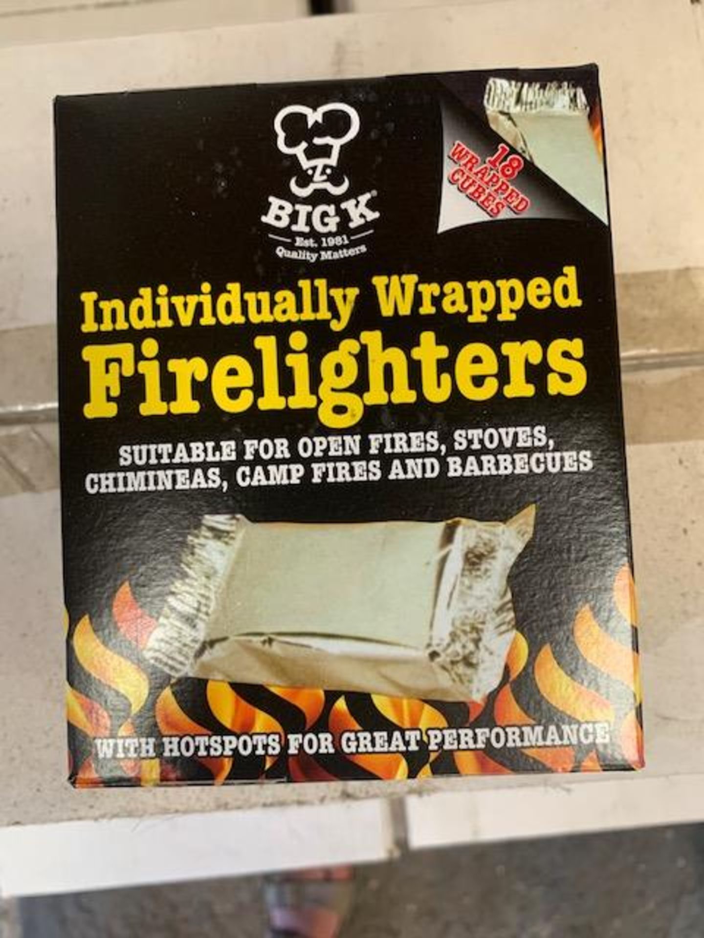 Eight boxes (16 per box) of Big K individually wrapped firelighters