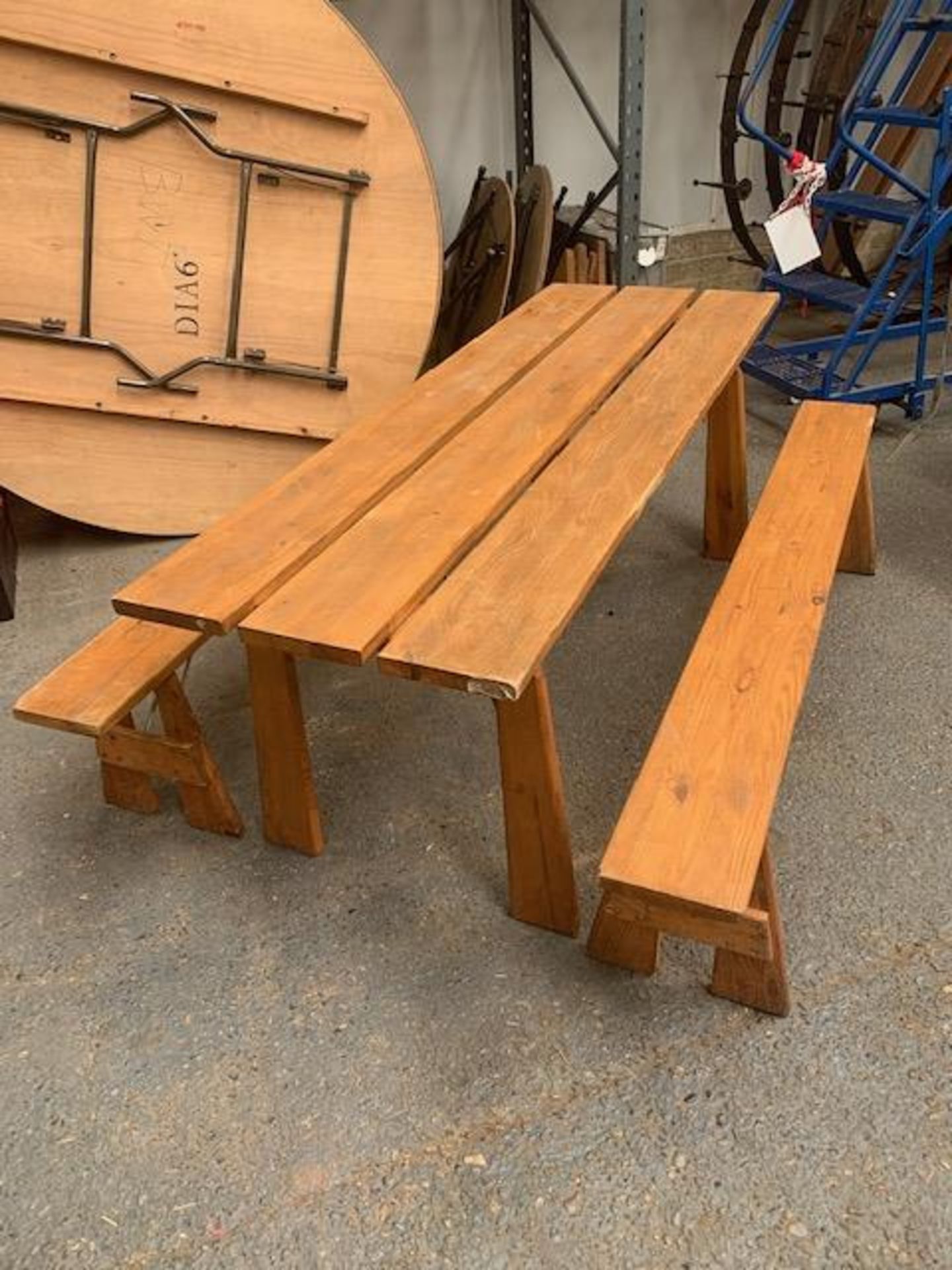 Ten solid oak folding tables & twenty solid oak folding benches c/w carry pallet, table size L - Image 2 of 5