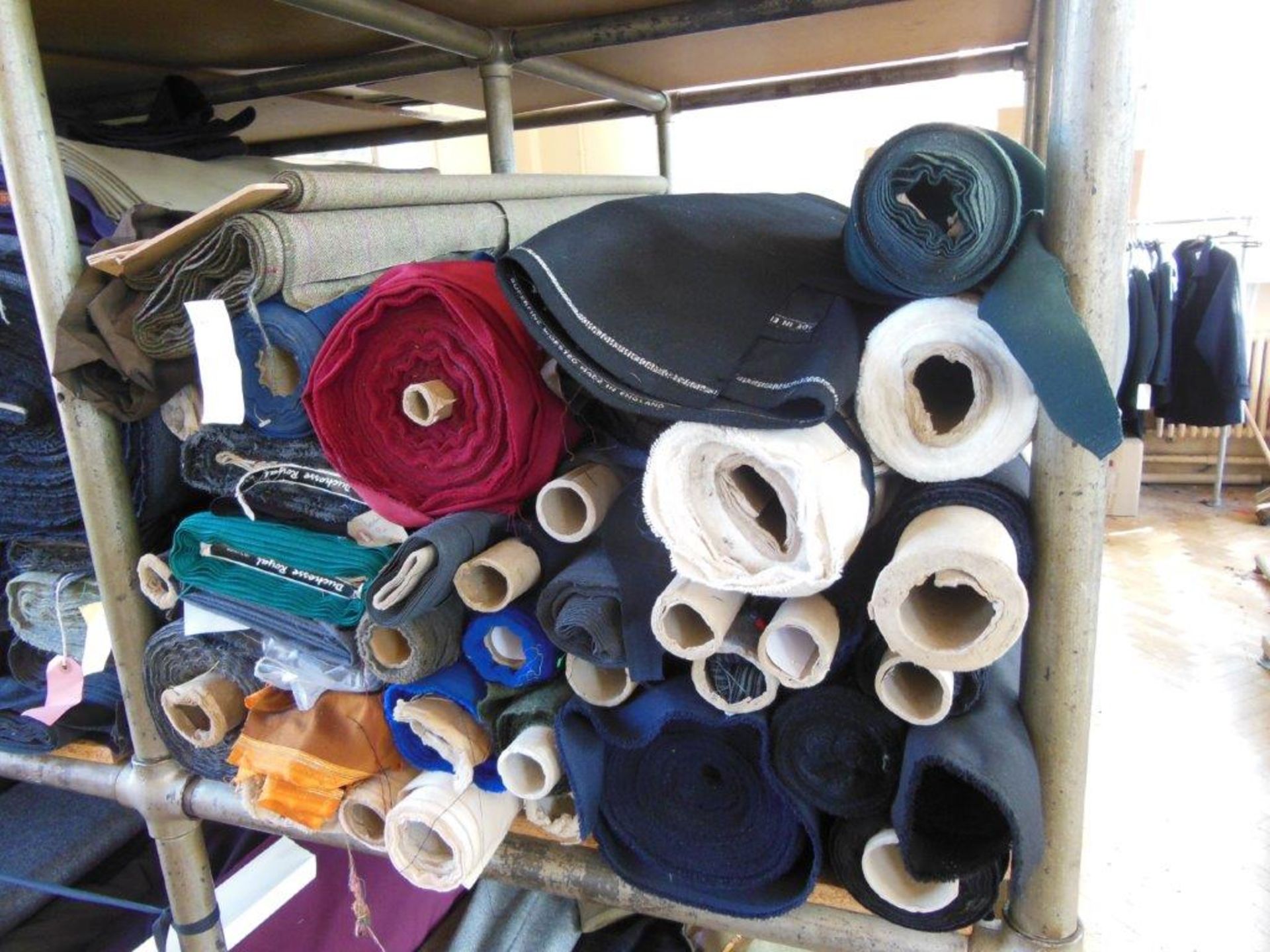 Large quantity of assorted fabrics including tweed, wool and cotton, in 3 bay steel keyway rack - Image 3 of 6