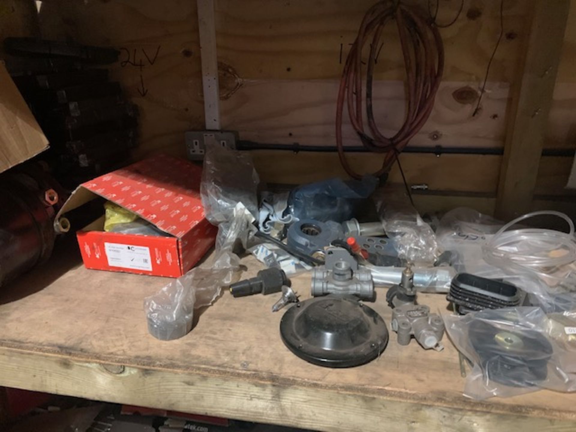 Contents of parts room to include filters, hoses, brake pads, abrasive discs, plastic panel parts, - Image 4 of 13
