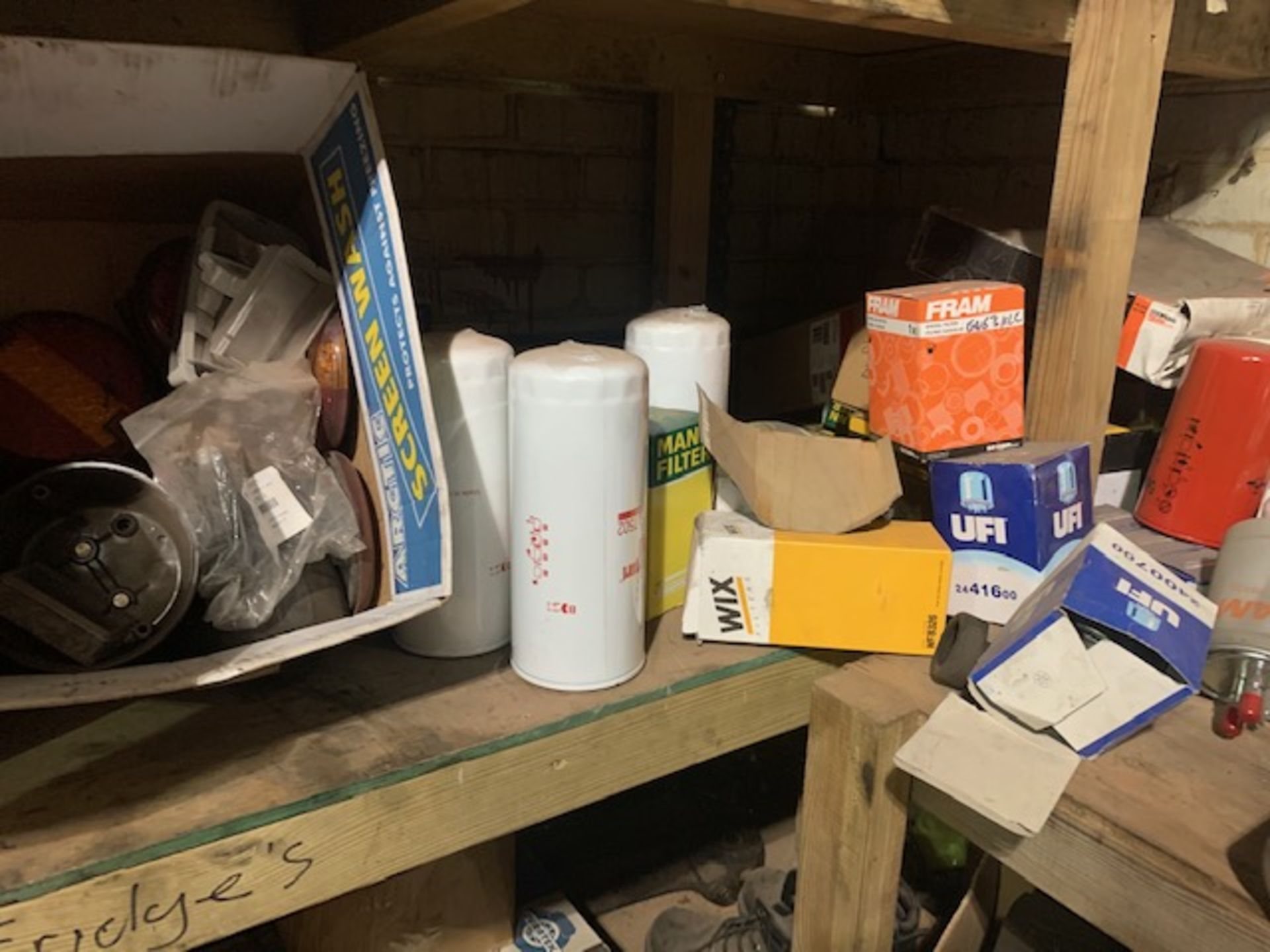 Contents of parts room to include filters, hoses, brake pads, abrasive discs, plastic panel parts, - Image 9 of 13