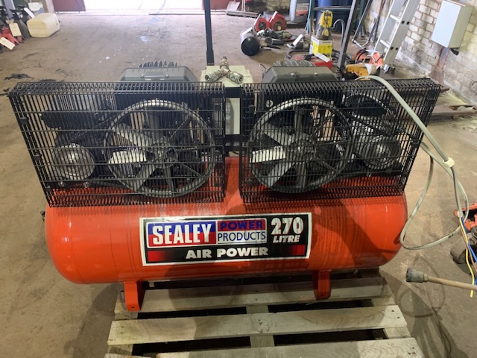 Sealey Air Power 270 litre belt driven air compressor c/w 2 x 3.0 HP with cast cylinders s/n - Image 2 of 4