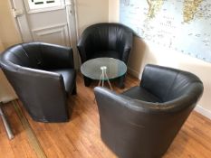 Three brown leatherette tub chairs (two with tears) and a 500mm dia chrome framed glass top coffee
