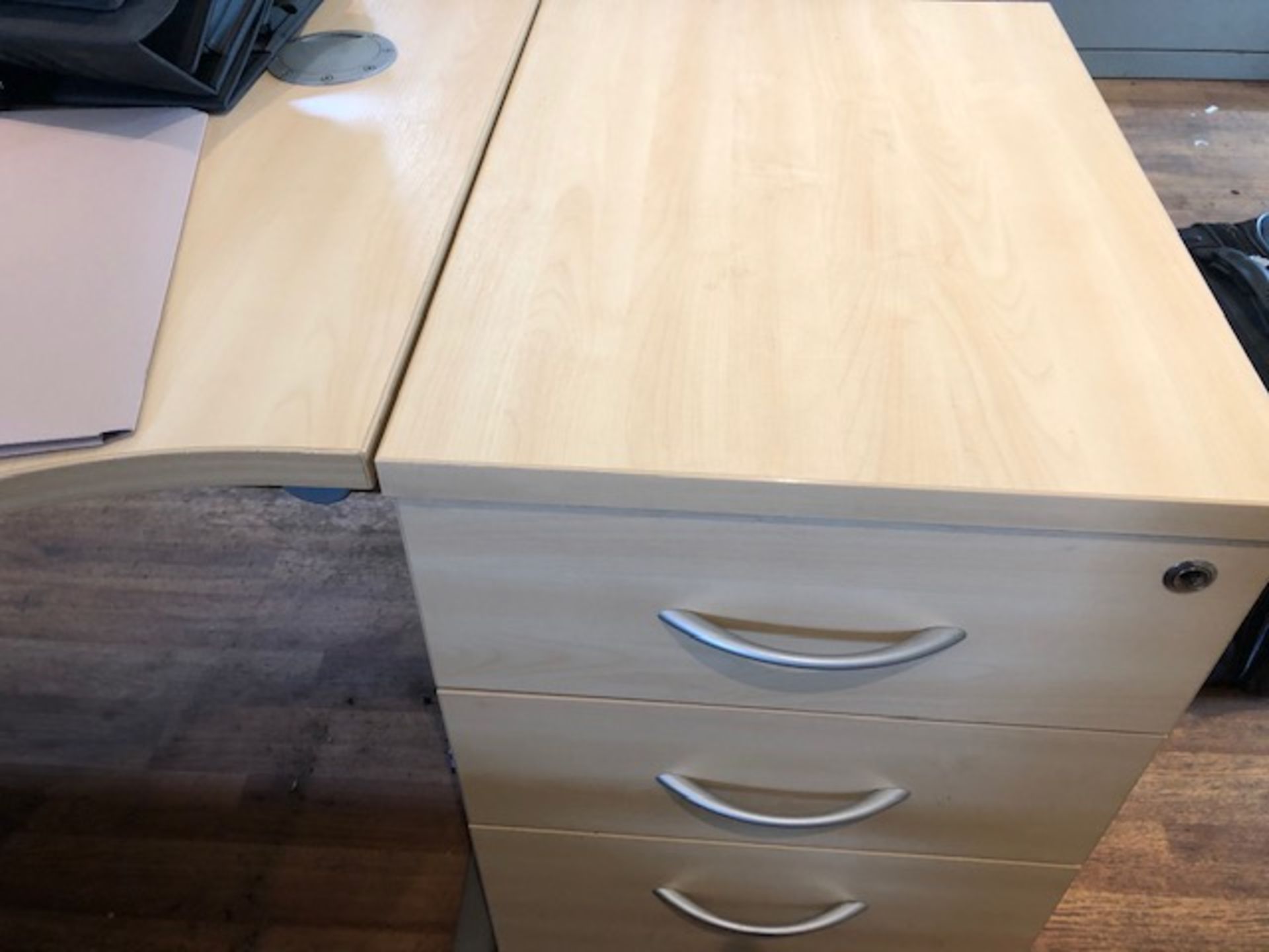 Three light oak veneer tables L 1600mm W 1200mm, two light oak veneer wave front tables with desk - Image 7 of 11