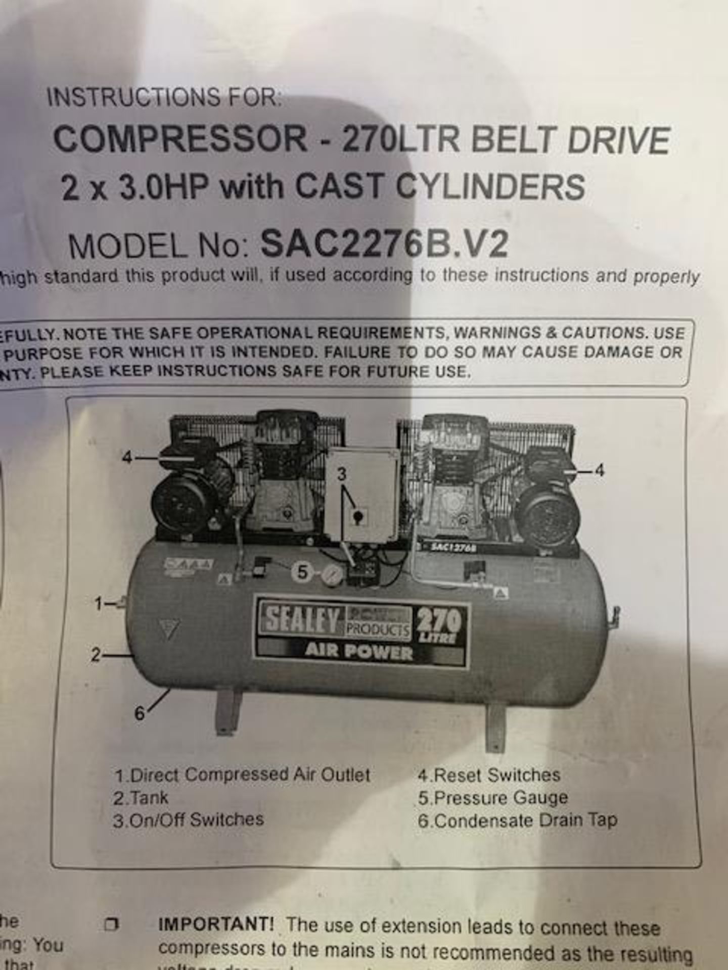 Sealey Air Power 270 litre belt driven air compressor c/w 2 x 3.0 HP with cast cylinders s/n - Image 3 of 4