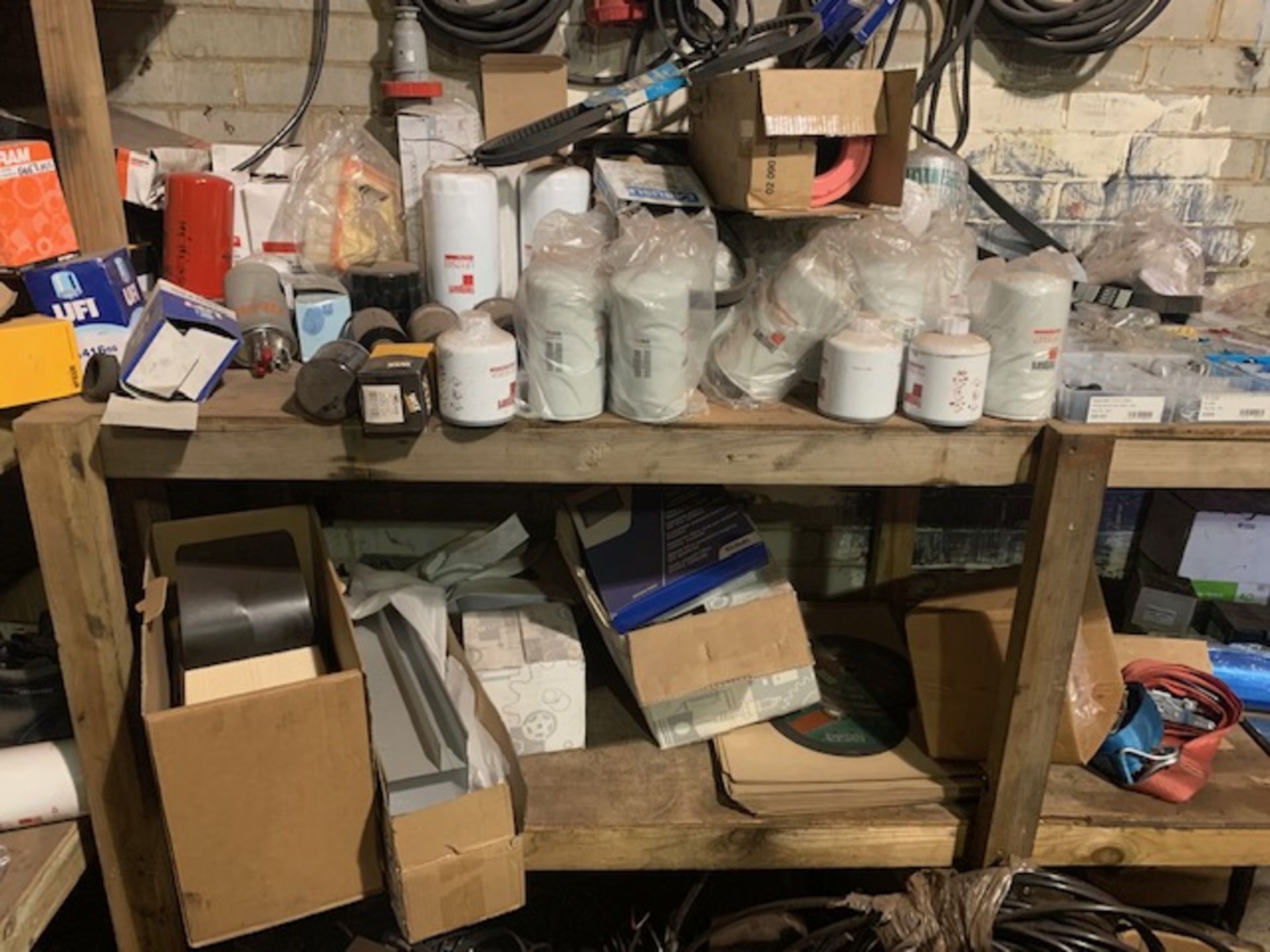 Contents of parts room to include filters, hoses, brake pads, abrasive discs, plastic panel parts, - Image 10 of 13