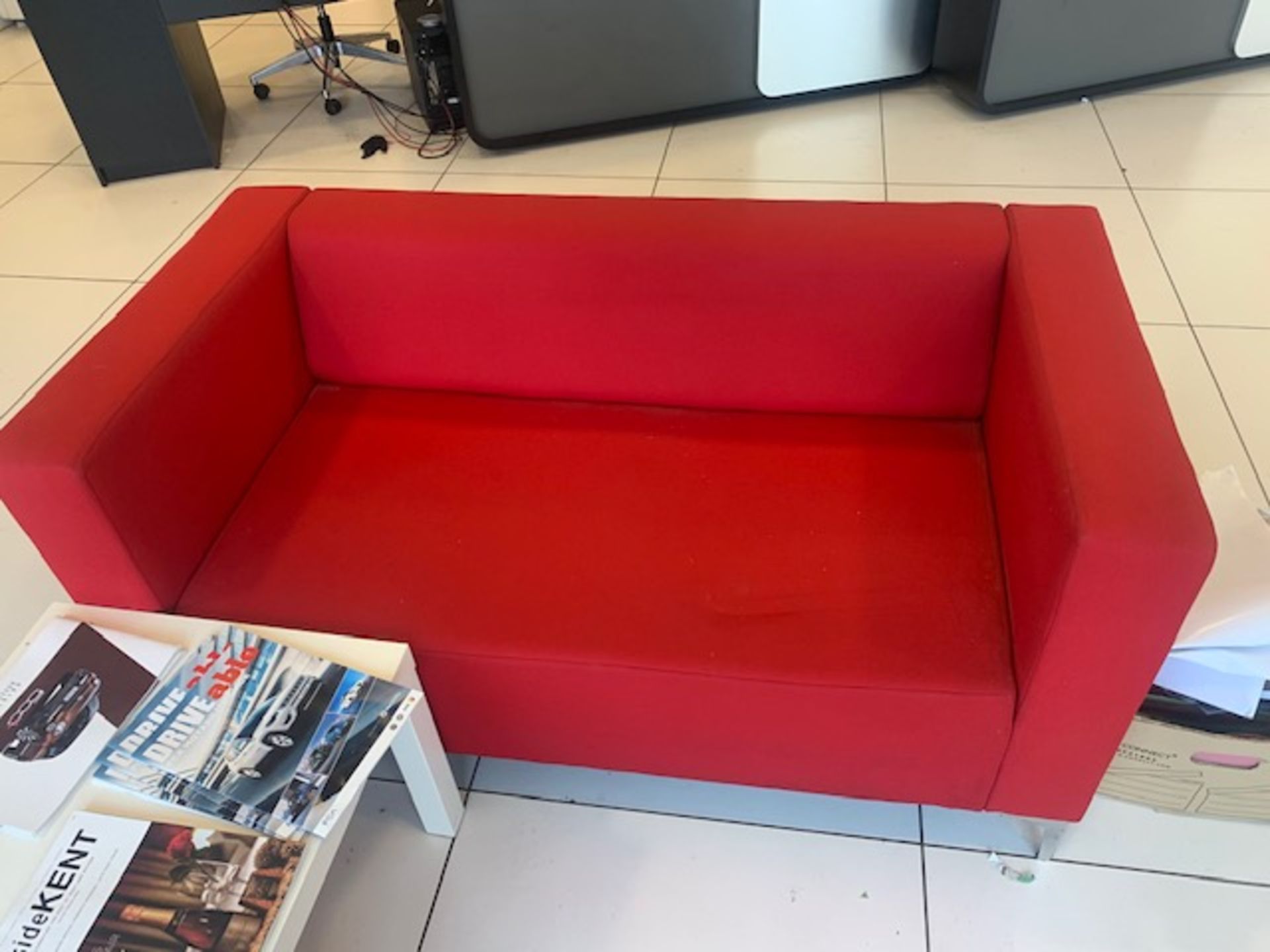 Two red cloth two seater sofas c/w two white coffee tables and rectangular light oak coffee table - Image 2 of 4