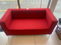 Two red cloth two seater sofas c/w two white coffee tables and rectangular light oak coffee table