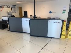 Two reception desks, black desk, three swivel and tilt black cloth office chairs, two 3 door