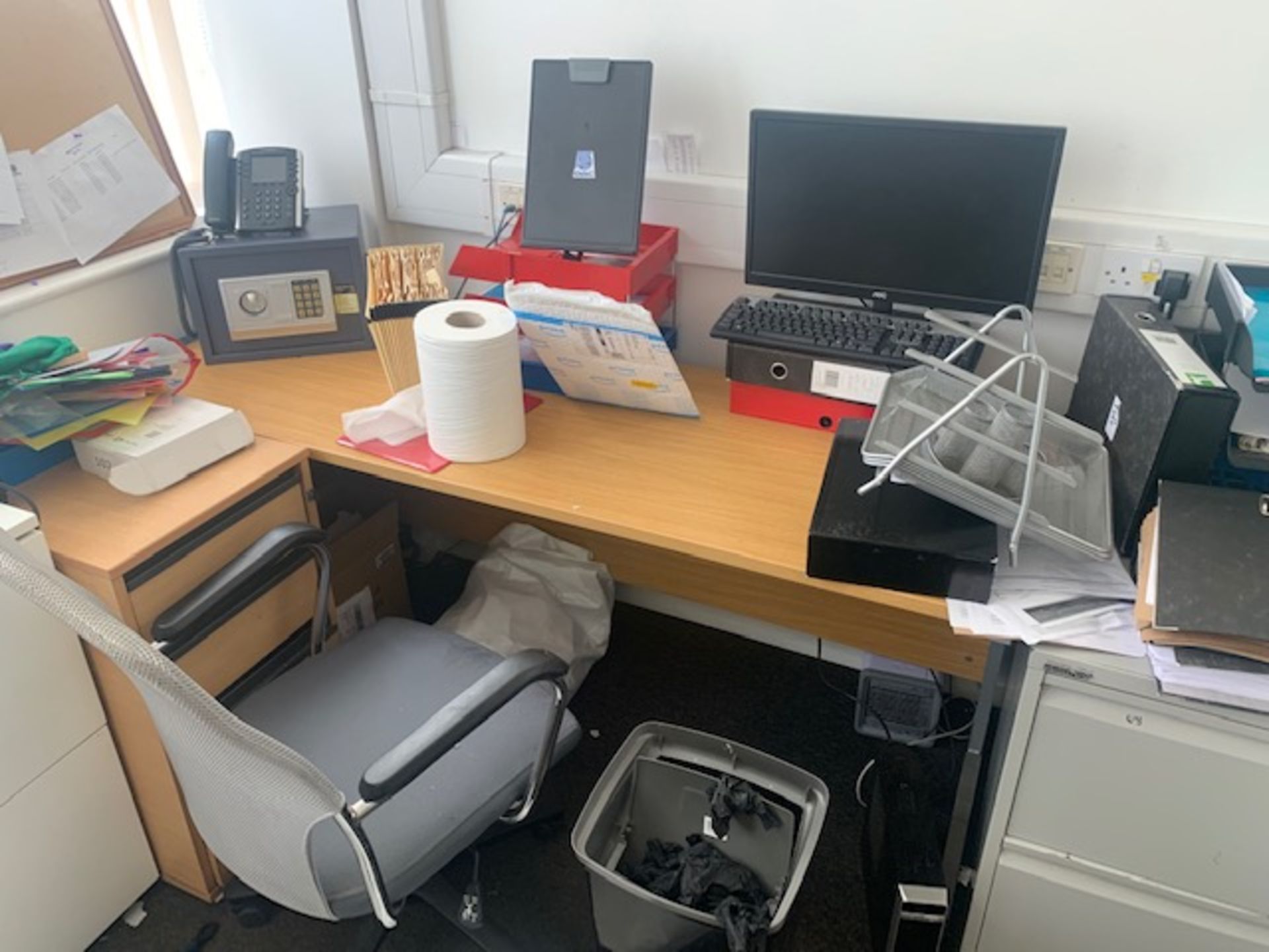 Contents of office to include two light oak veneer desks, two light oak veneer pedestals, a four