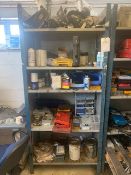 Four shelving units c/w contents to include a large quantity of workshop consumables, O rings, split