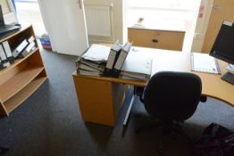 Light oak effect L shape desk and three light oak effect 2-drawer pedestals, and cloth upholstered