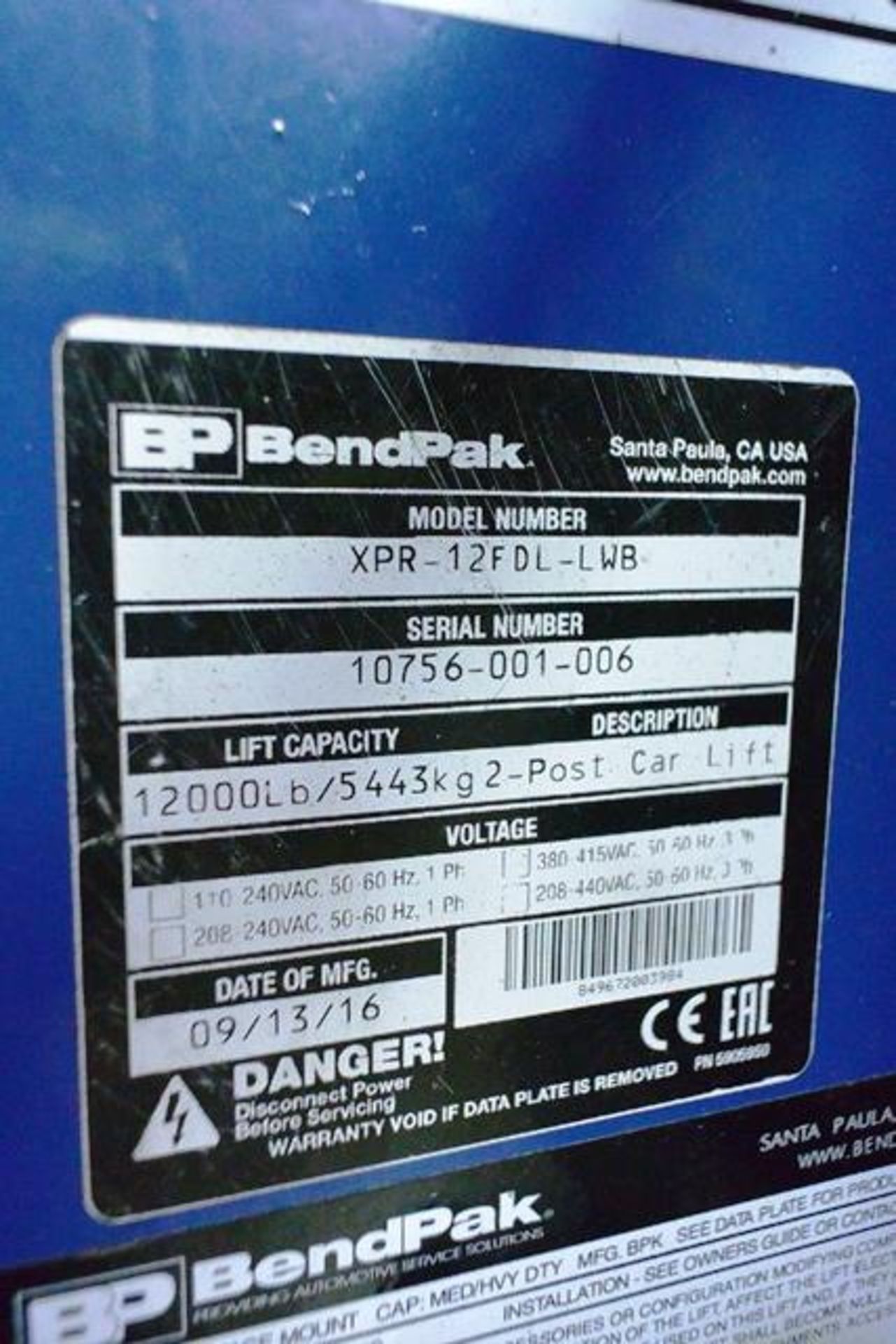 Bend Pak Ranger 4 ton 2 post capacity ramp (2016), model XPR-12FDL-LWB, serial no: 10756-001-006 ( - Image 3 of 3
