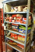 Bay of adjustable stores racking and contents, incl. various brake discs, pads, etc.