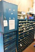 Three bays of assorted stores racking and contents, incl. nuts, bolts, bulbs, hose clips, exhaust