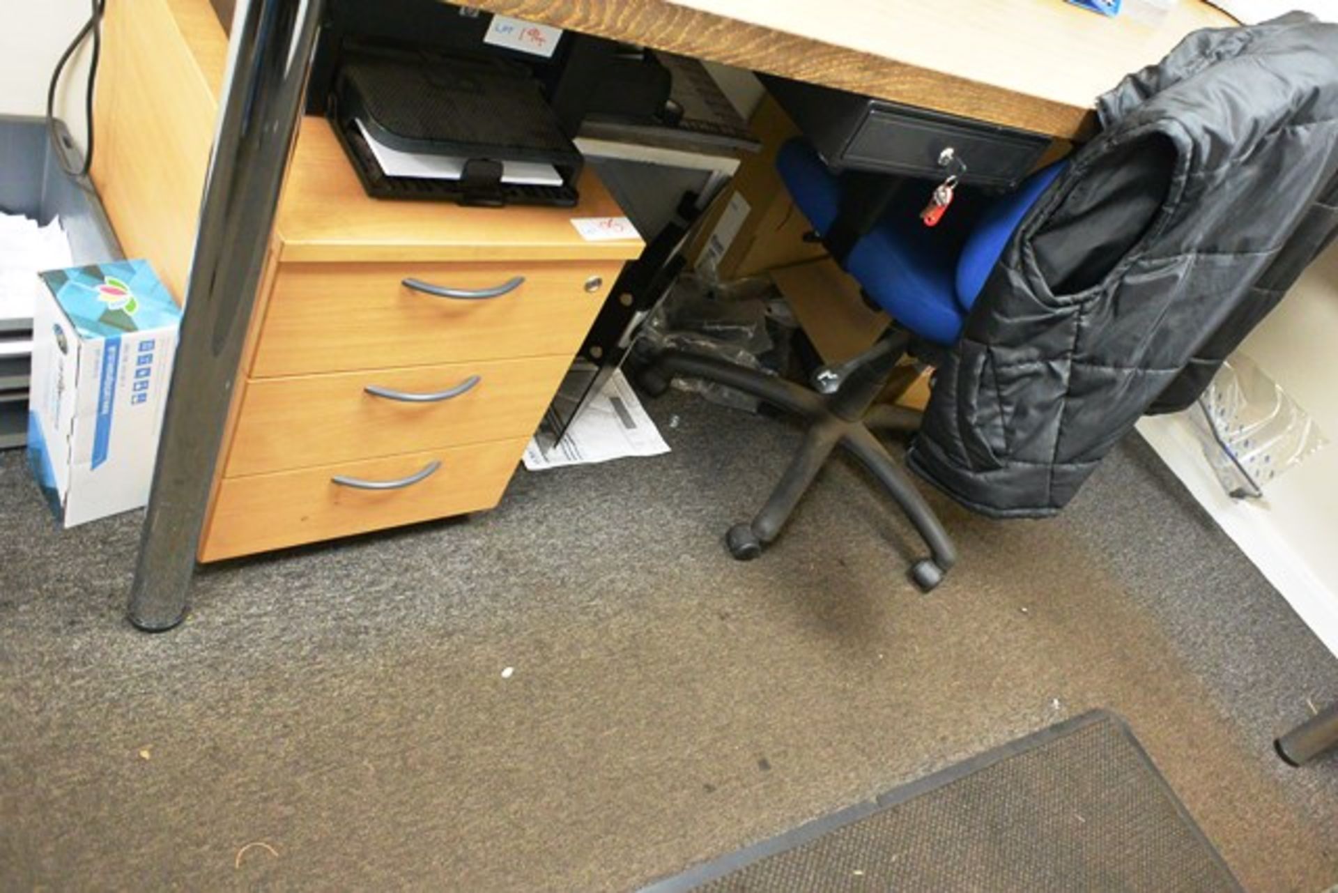 Three various cloth upholstered office swivel chairs and light oak effect 3-drawer pedestal - Image 2 of 2