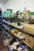 Contents of eight shelves incl. various air/oil filters, belts, lights, vehicle spare parts
