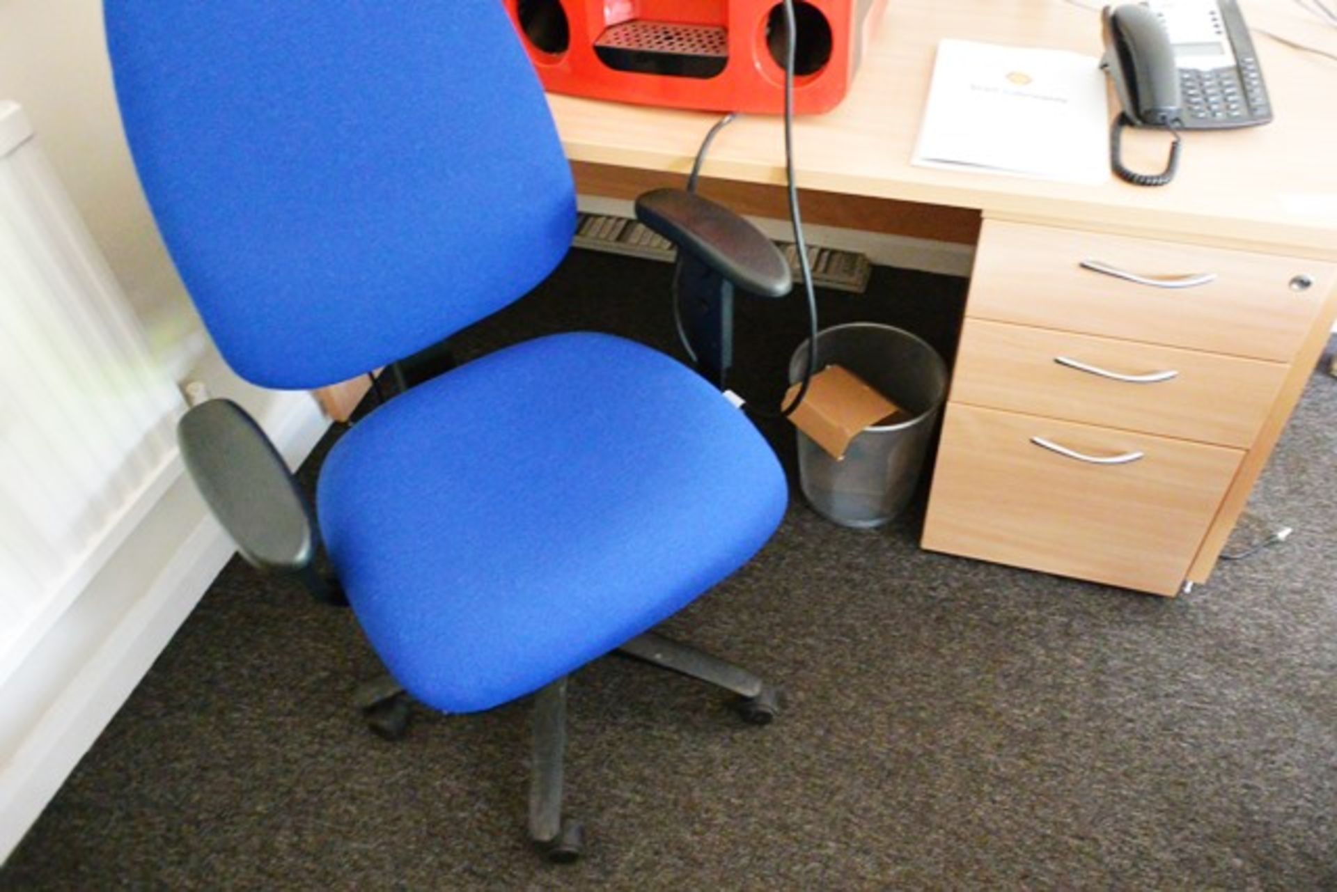Light oak effect rectangular desk and blue cloth upholstered chair and light oak effect 3-drawer